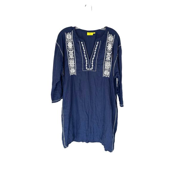 Roller Rabbit Blue White Stitched Lagenlook Boho Relaxed Tunic Dress Size Large - Picture 1 of 13